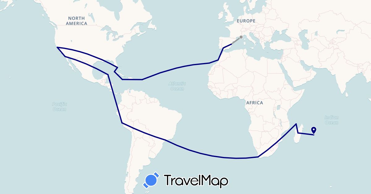 TravelMap itinerary: driving, plane in Brazil, Cuba, Spain, France, Jamaica, Morocco, Madagascar, Mauritius, Mexico, Peru, United States, South Africa (Africa, Europe, North America, South America)